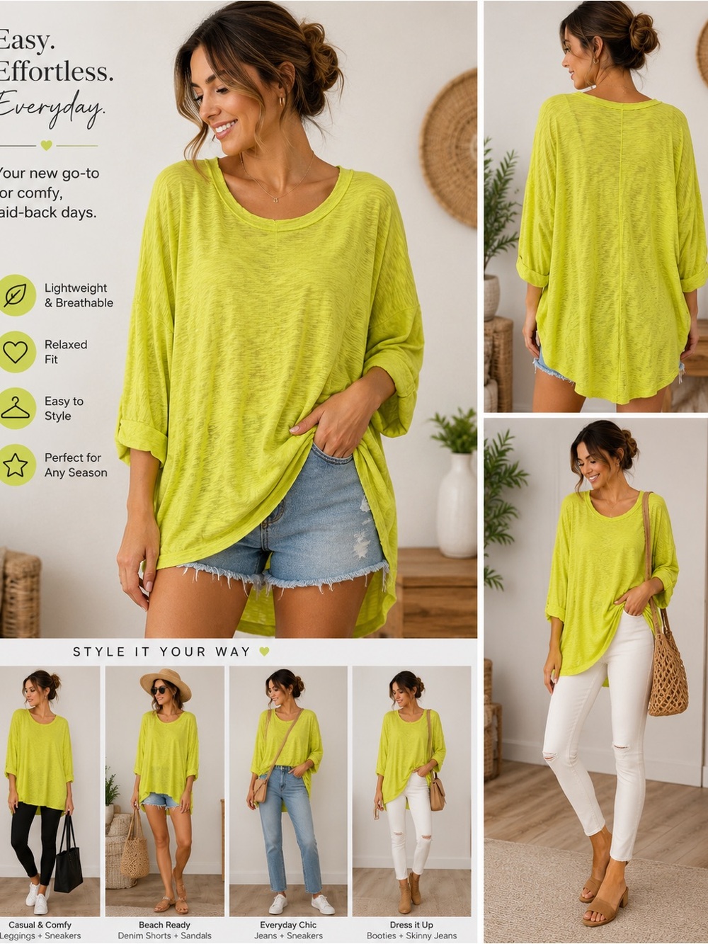 Cato Bright Lime Green Relaxed-Fit Tunic